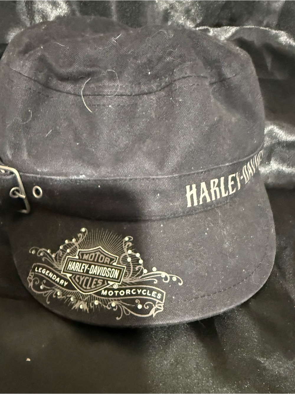 Harley-Davidson Black Cadets Hat w/ Buckle & Rhinestones Embellishment